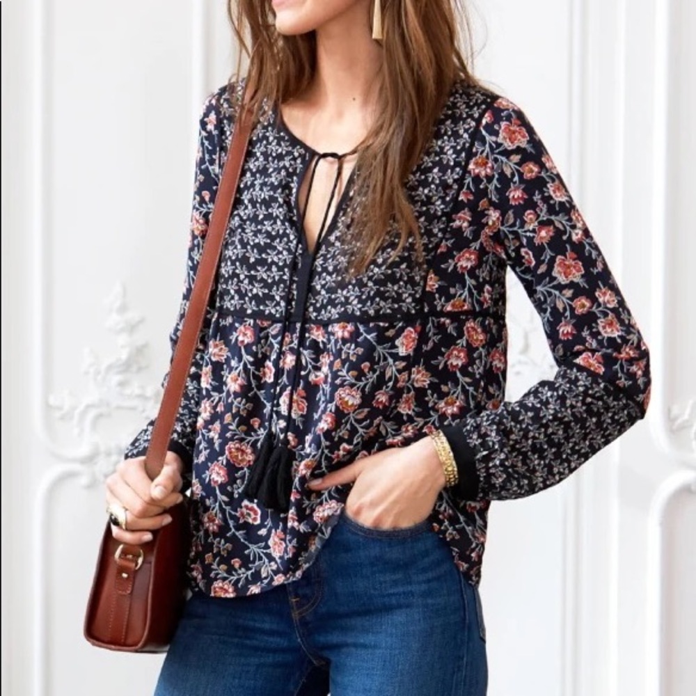 Sezane Floral Tasseled Peasant Blouse Sz 12 EUC